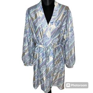 Vintage Say Lu Robe Floral Pattern Short Satin Silky USA Blue White Size Large